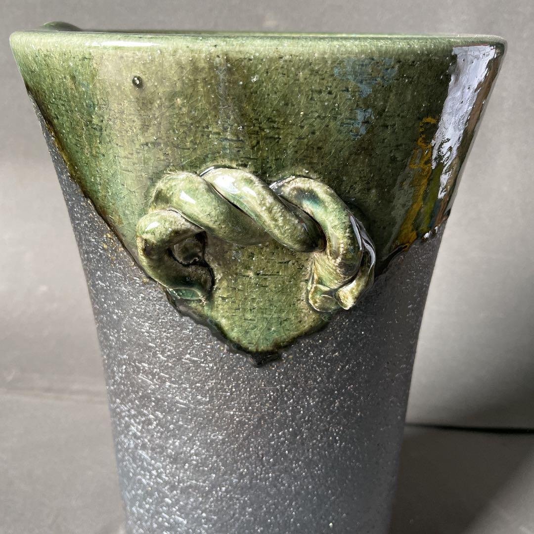 信楽焼傘立て  緑釉手付 高さ４５cm