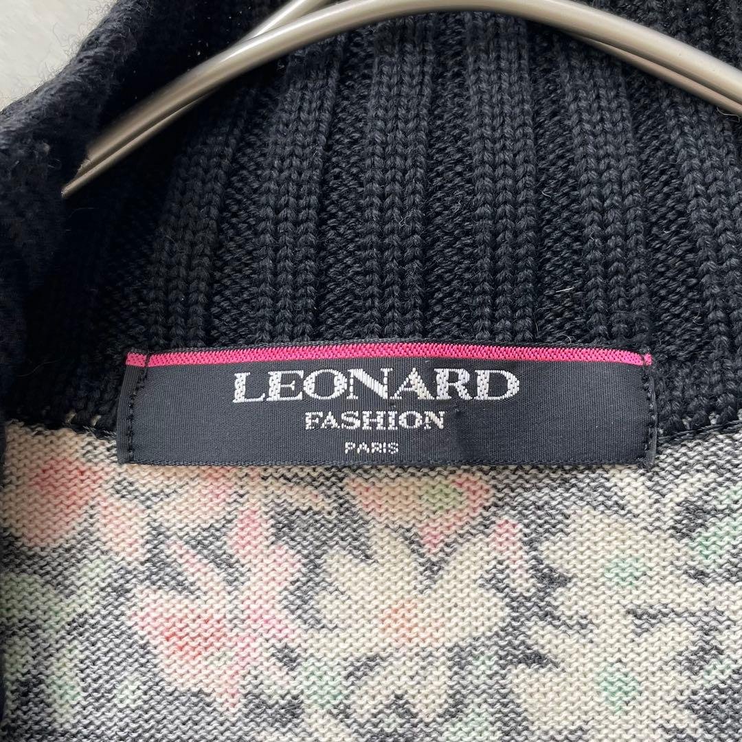 LEONARD シルク混フルジップカーディガン フラワー ブラック L