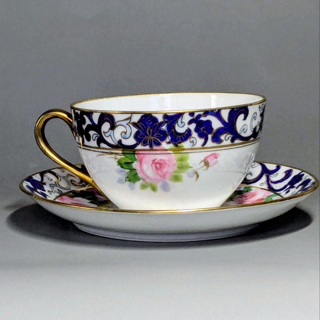 オールドノリタケ銘品!! 金彩藍帯薔薇図紋　キャビネットカップ＆ソーサー